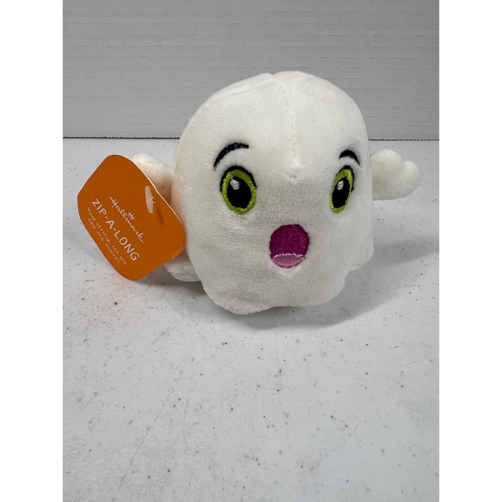 Hallmark Zip-A-Long Halloween Ghost Plush Moving Pull String Toy White 4 inch